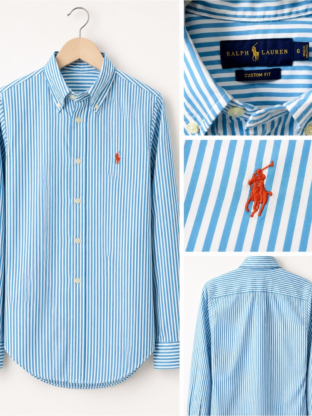 Ralph Lauren Teal and White Striped Button-Down Shirt with Red Pony